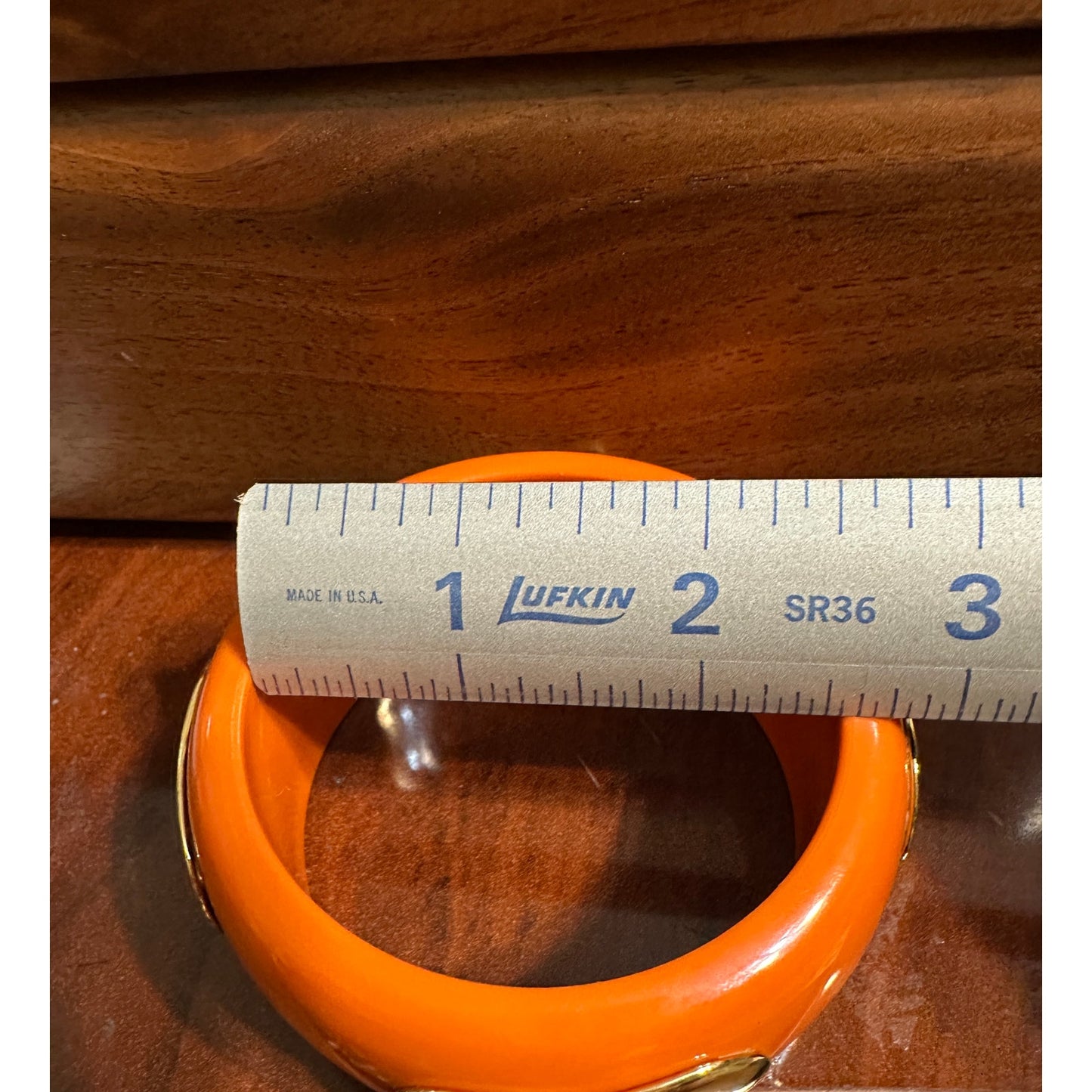 Vintage Mod Orange Resin Bangle Bracelet w/ Raised Gold Tone Overlays Chunky Bold