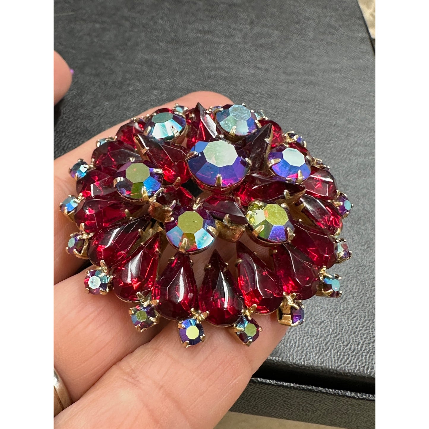 Fabulous Vintage Red Aurora Borealis Rhinestone Brooch & Clip Earrings Set