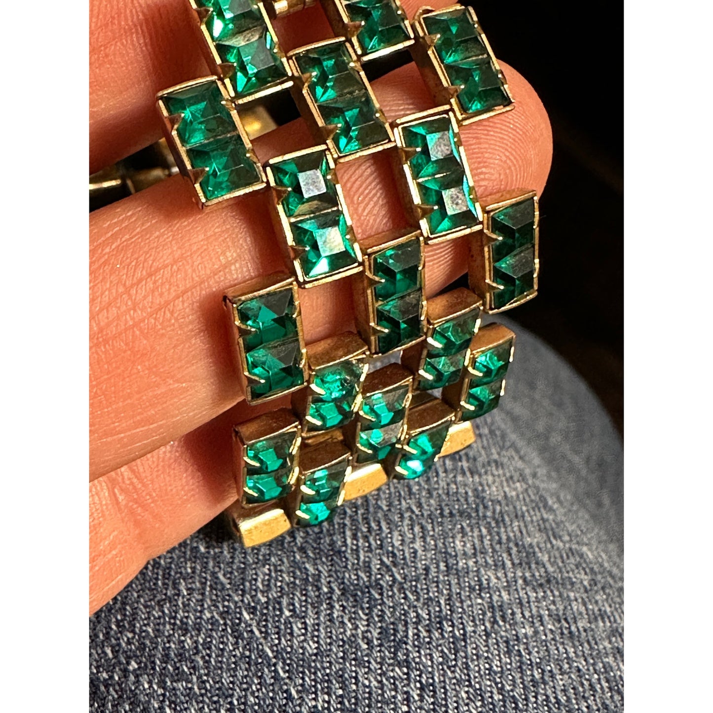 Vintage Green Square Wide Link Bracelet GoldFilled Clasp