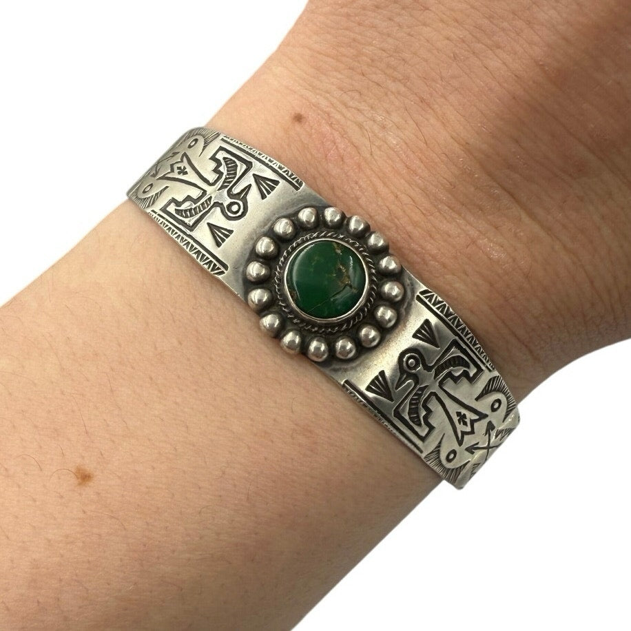 Vintage Fred Harvey Era Sterling Silver Thunderbird Green Turquoise Native Cuff Bracelet