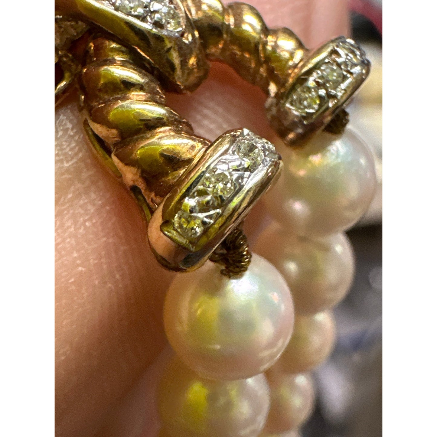 Vintage 14K 585 Gold Akoya 6mm Pearl Necklace Diamond Rope Clasp Double Strand