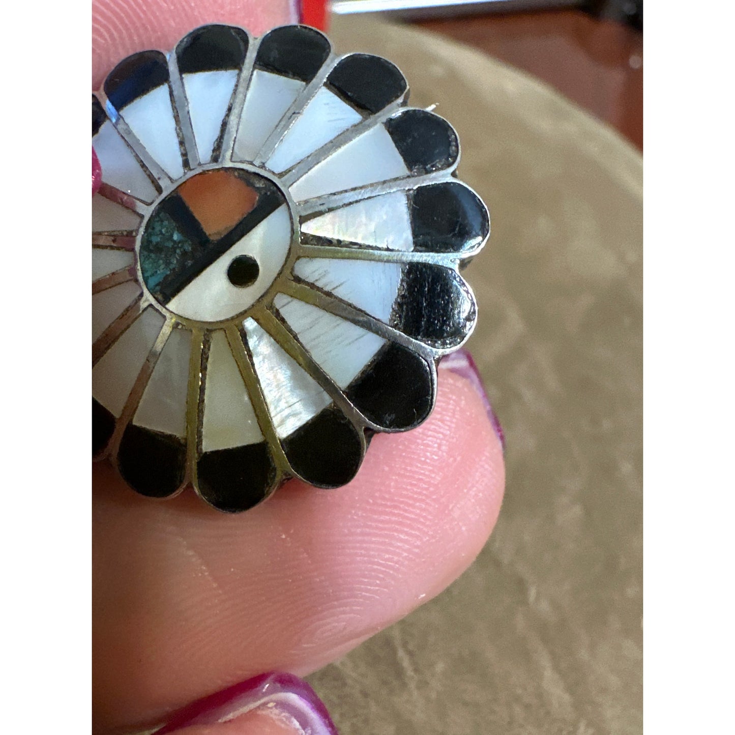 Vintage Zuni Sterling Silver & Multi Stone Sub Face Pin