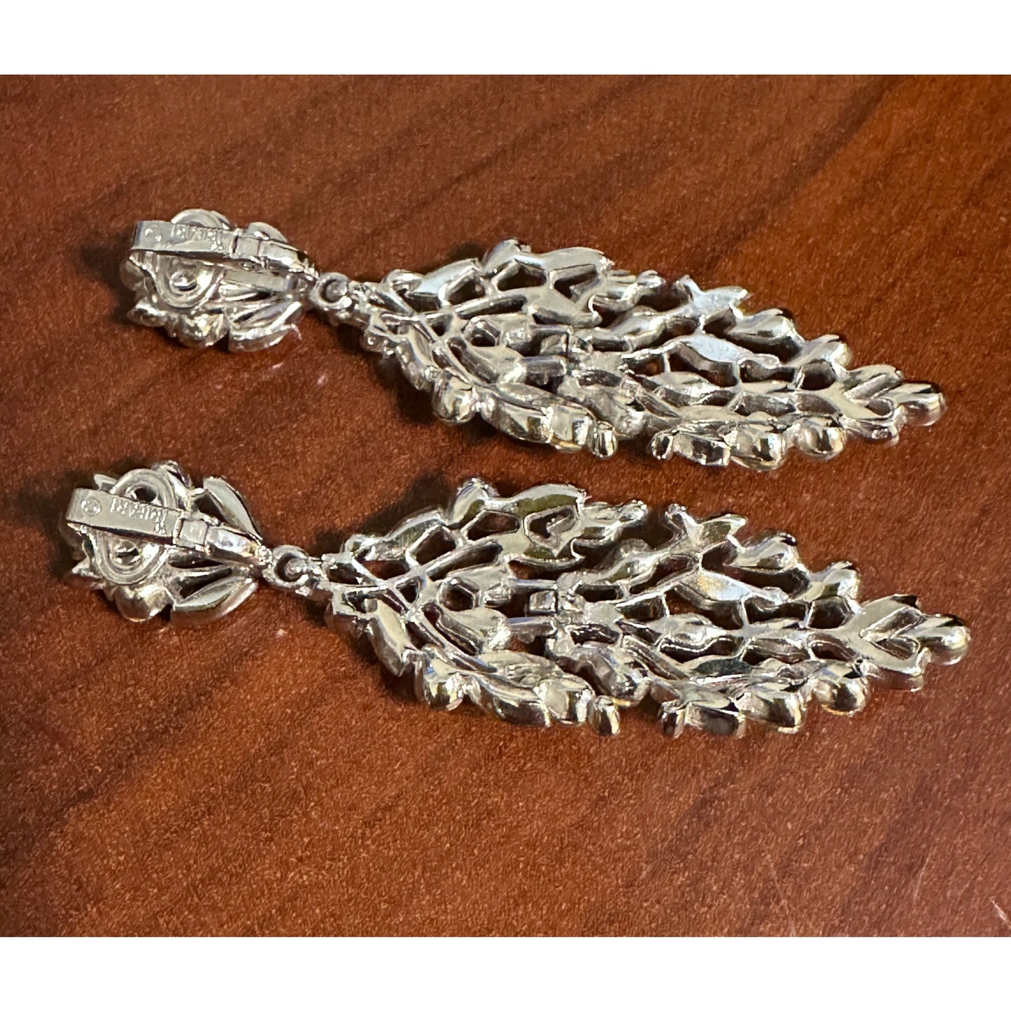 Vintage Crown Trifari Double Segmented Huge Rhinestone Dangle Drop Clip Earrings
