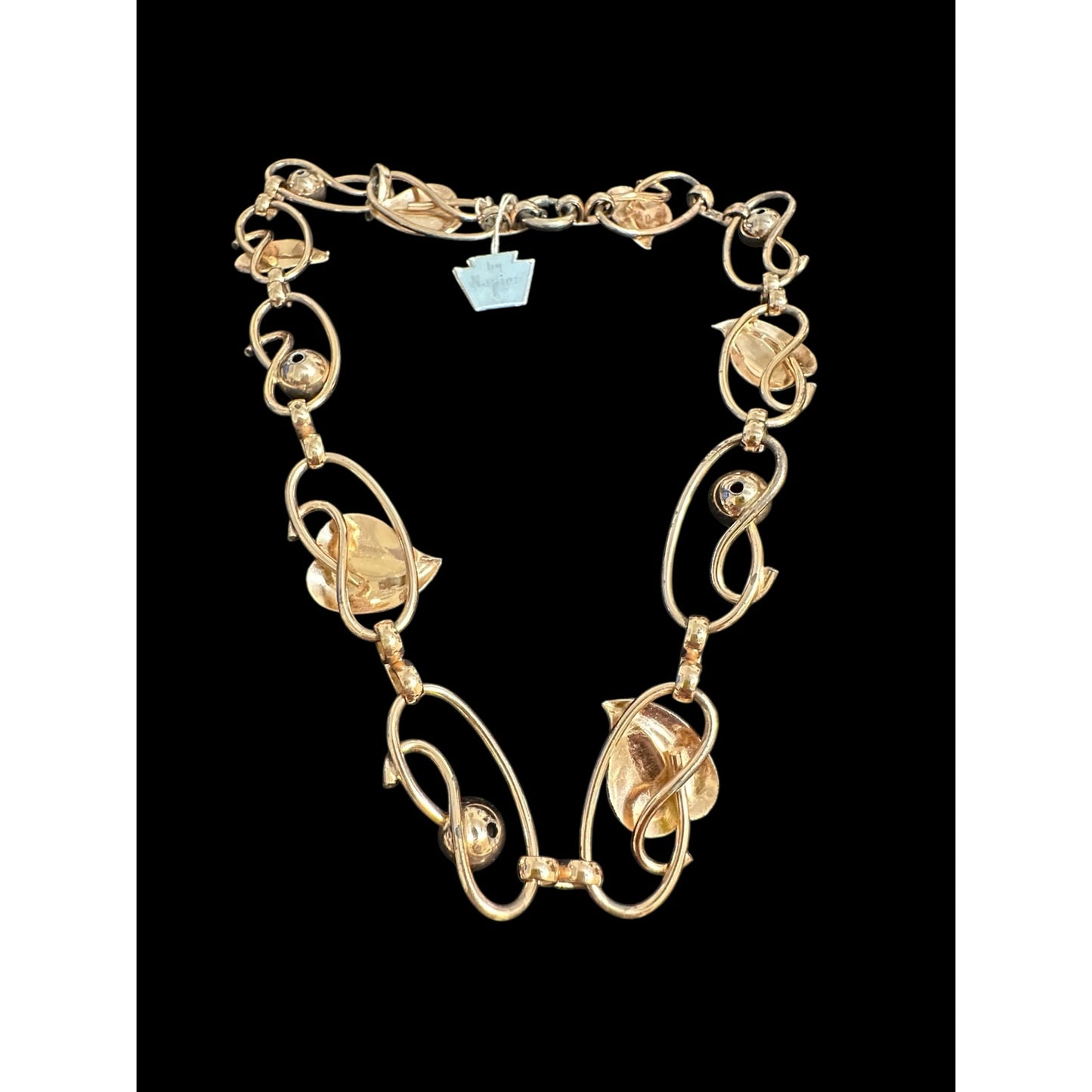 Vintage Napier Sterling Silver Gold Wash Floral Leaf Link Necklace 1940s w/ Tag