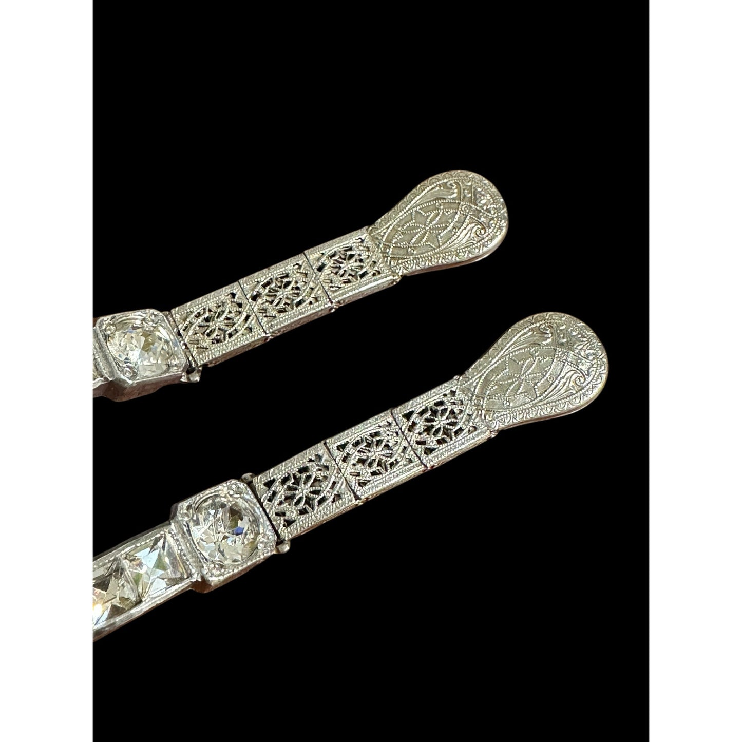 Art Deco Spans Filigree Rhinestone Dress Clips Boot Straps in Original Box