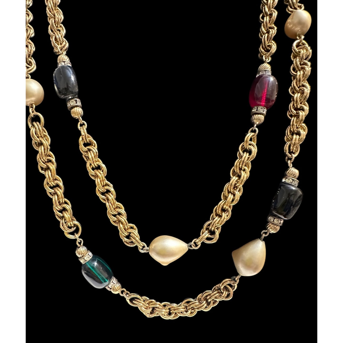 Vintage Givenchy Poured Glass Pate De Verre Gems & Pearls Sautoir Chain Necklace
