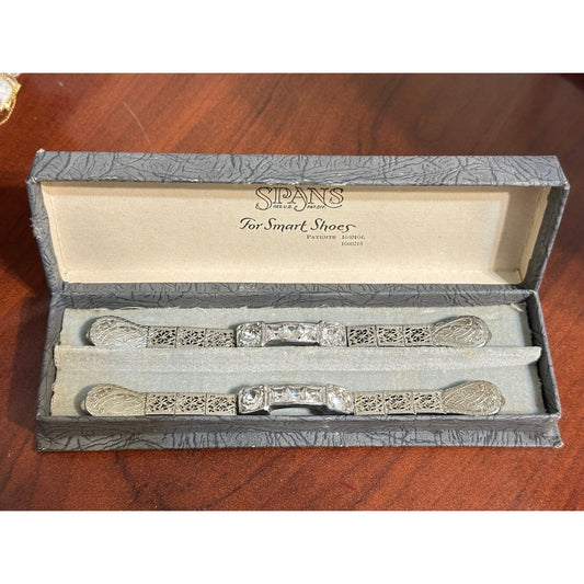 Art Deco Spans Filigree Rhinestone Dress Clips Boot Straps in Original Box