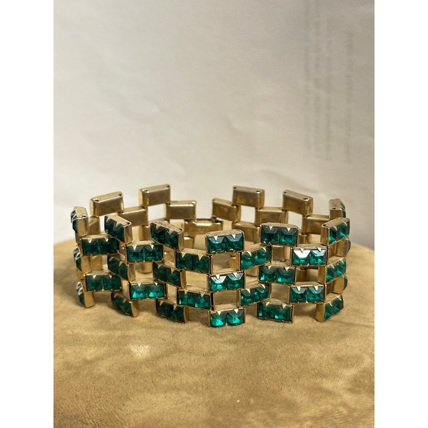 Vintage Green Square Wide Link Bracelet GoldFilled Clasp