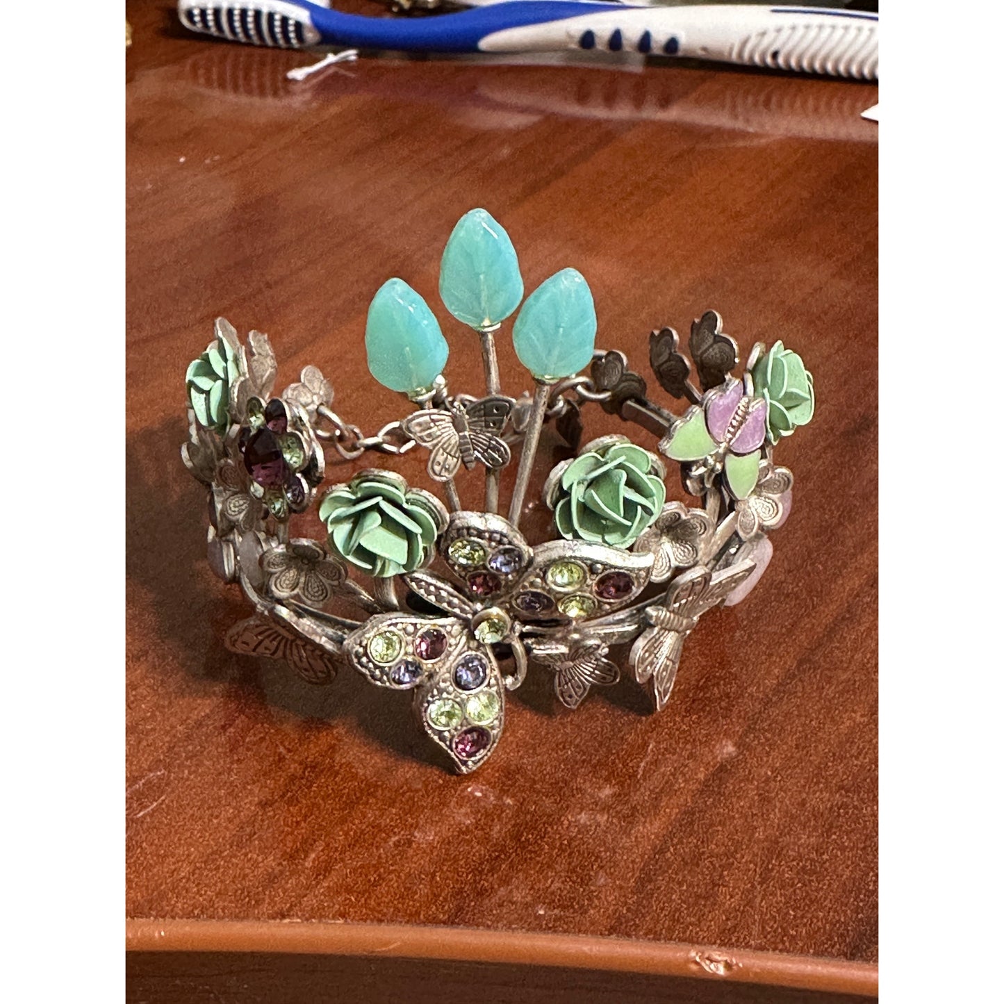 Mary DeMarco Butterfly Floral Garden Cuff Bracelet Rhinestone Resin Flowers