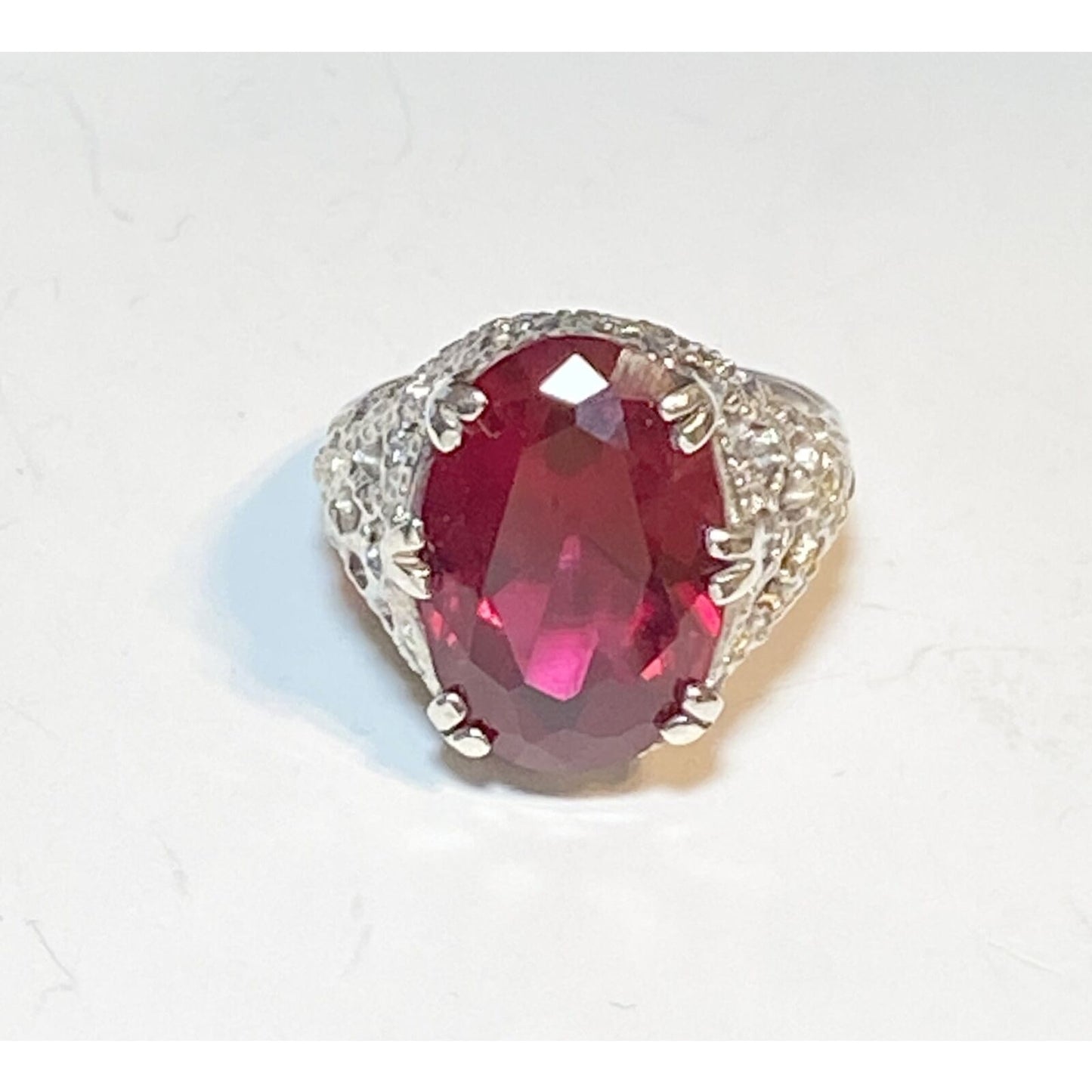 Sterling Silver Art Deco Style Red Stone Filigree Ring Size 7