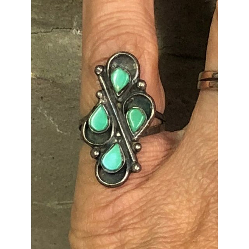 Vintage Sterling Turquoise Native American Tear Drop Shadowbox Ring Signed 6.75