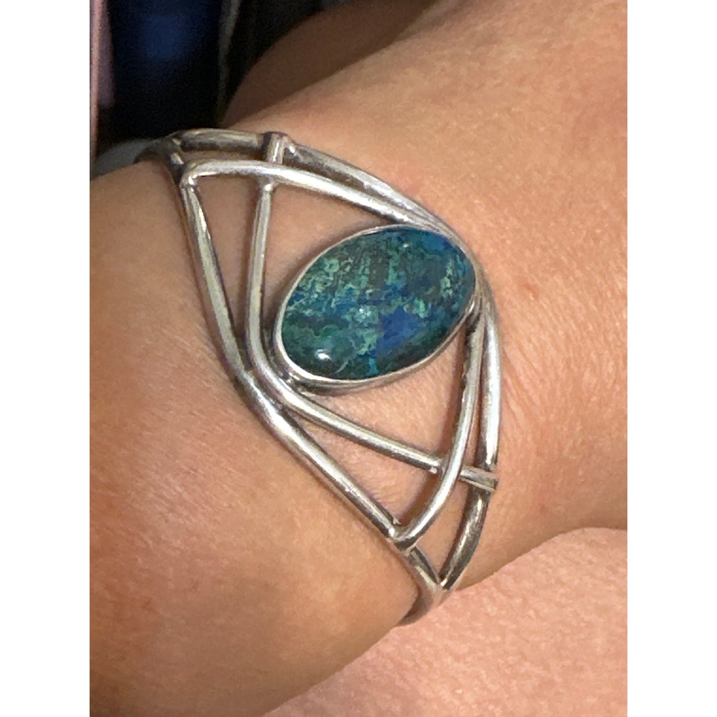 Vintage Modernist Sterling Silver Cuff Bracelet with Azurite-Malachite Stone