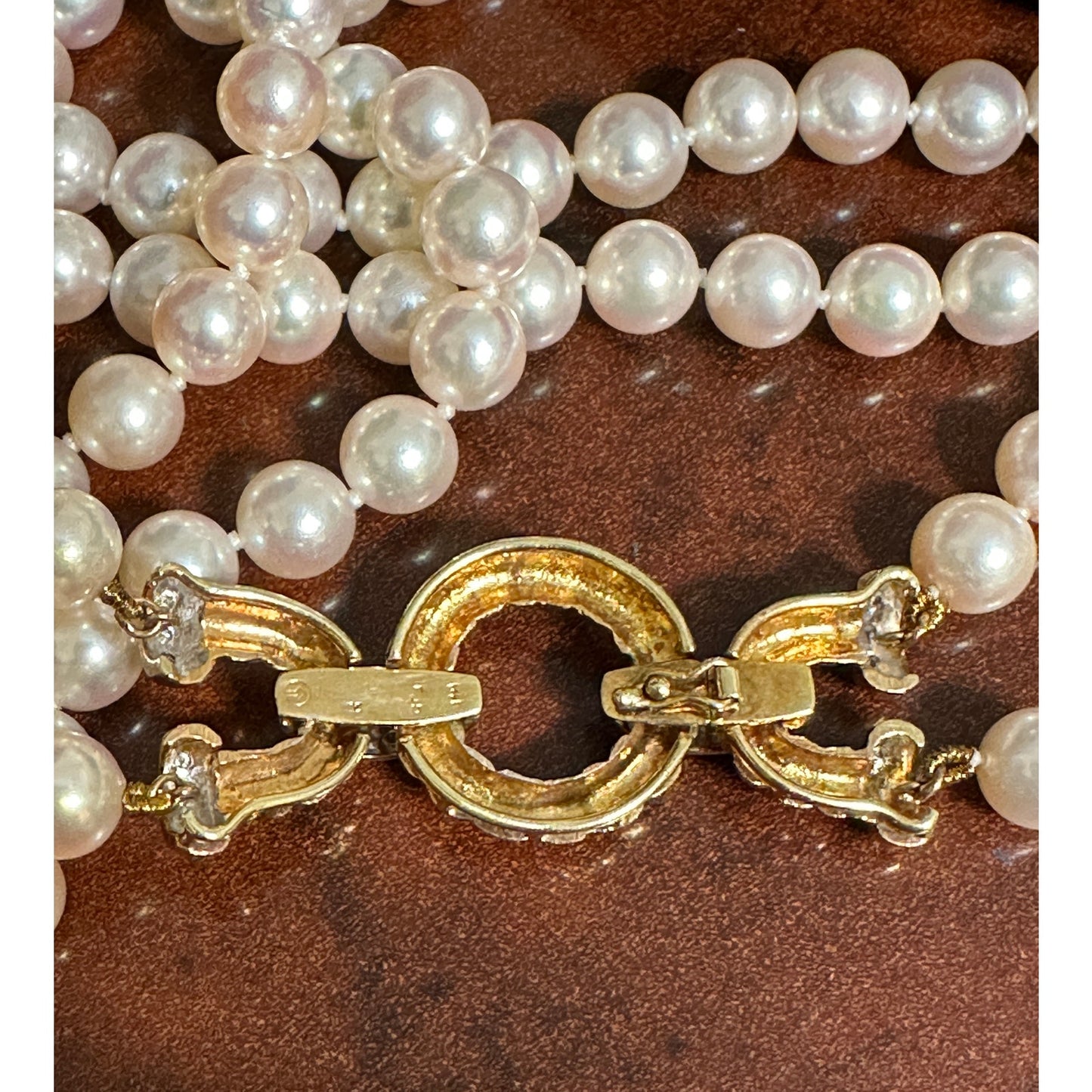 Vintage 14K 585 Gold Akoya 6mm Pearl Necklace Diamond Rope Clasp Double Strand