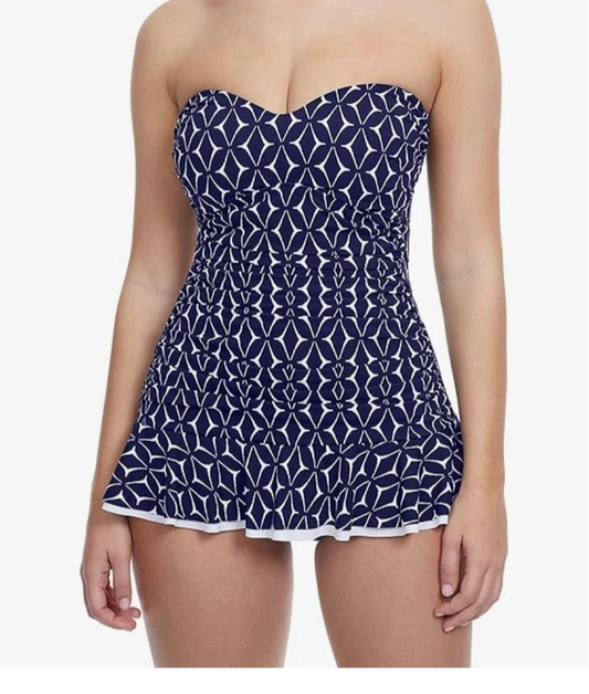 $157 Profile By Gottex Women's Blue Geometric Print Swimdress Swimsuit Size 6