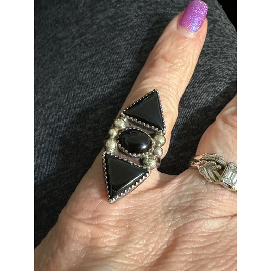 Vintage MT Sterling Long Triple Onyx Ring Size 6 3/4