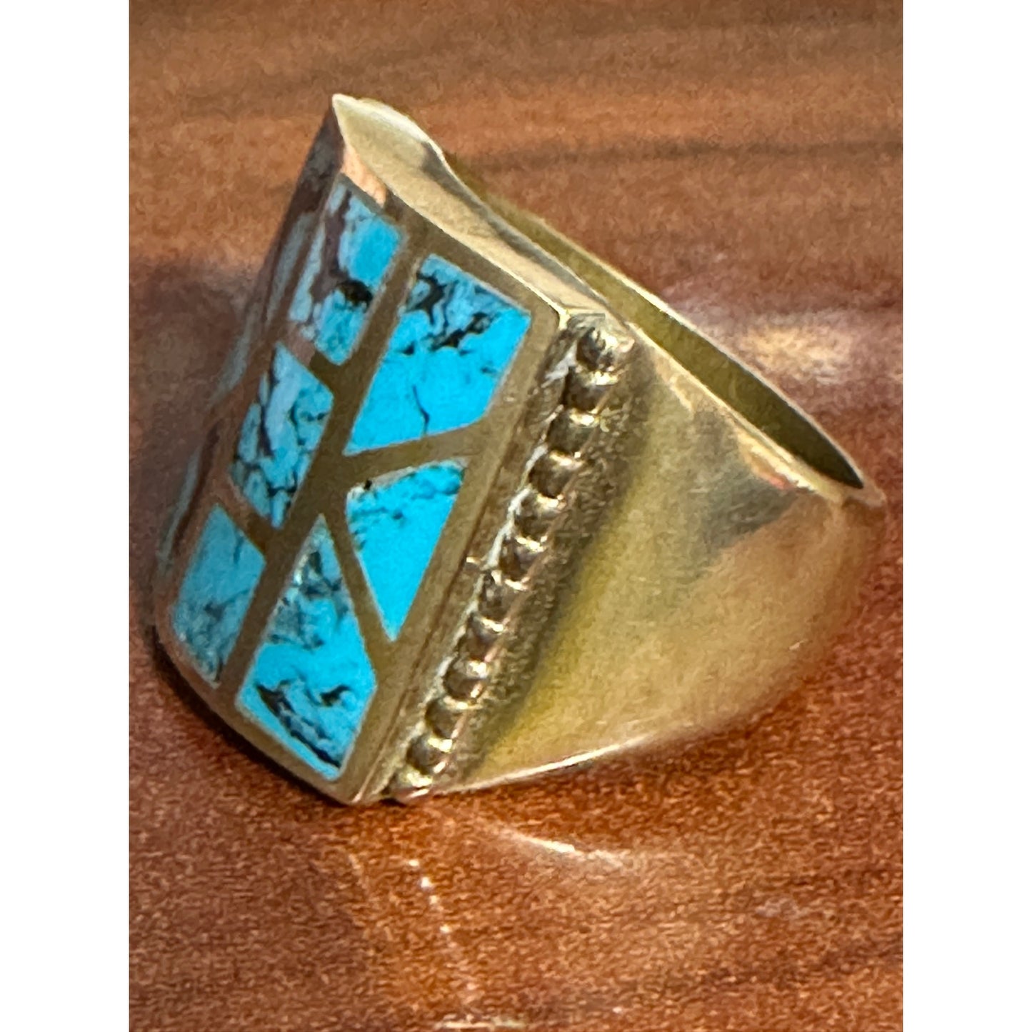 Vintage Goldtone Brass Big Bold Chunky Inlaid Turquoise Ring Size 10