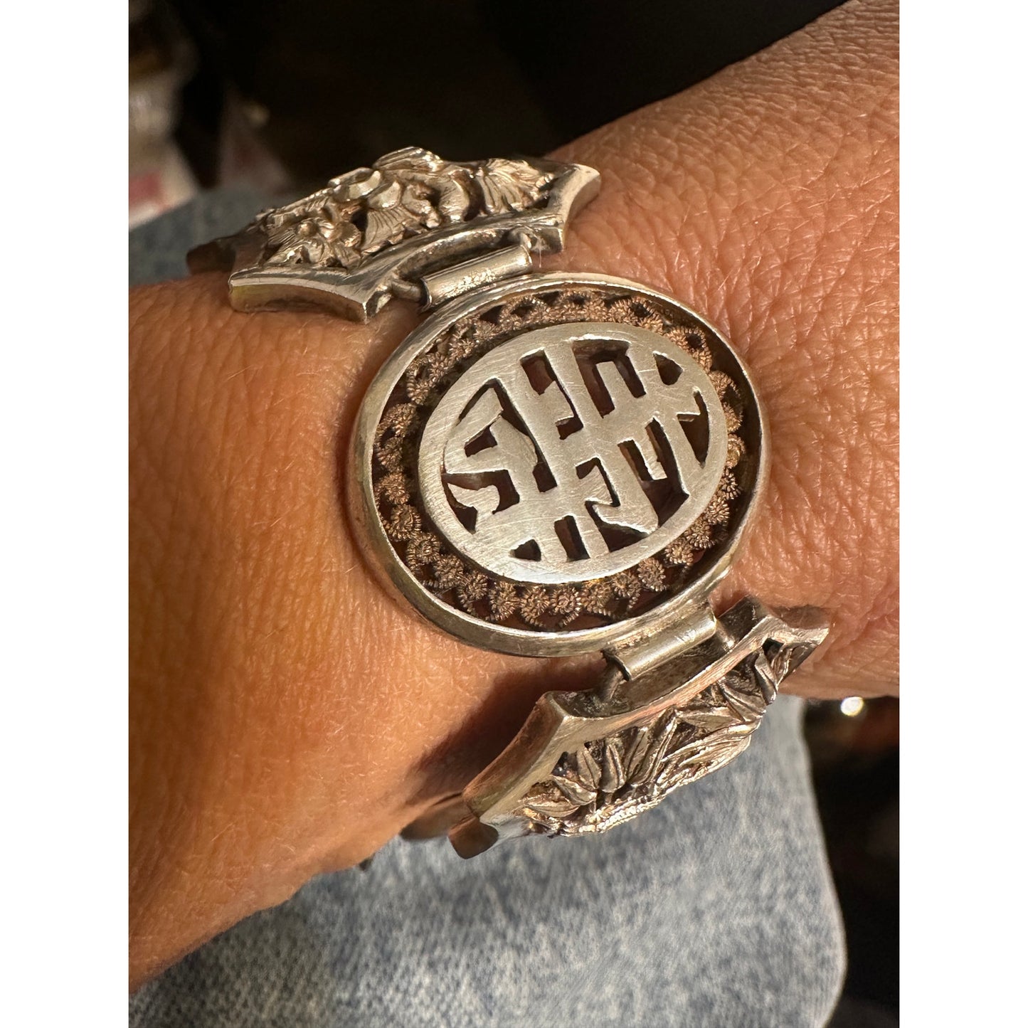 Antique Chinese Export Silver Repousse Four Seasons Panel Bracelet 6 7/8”