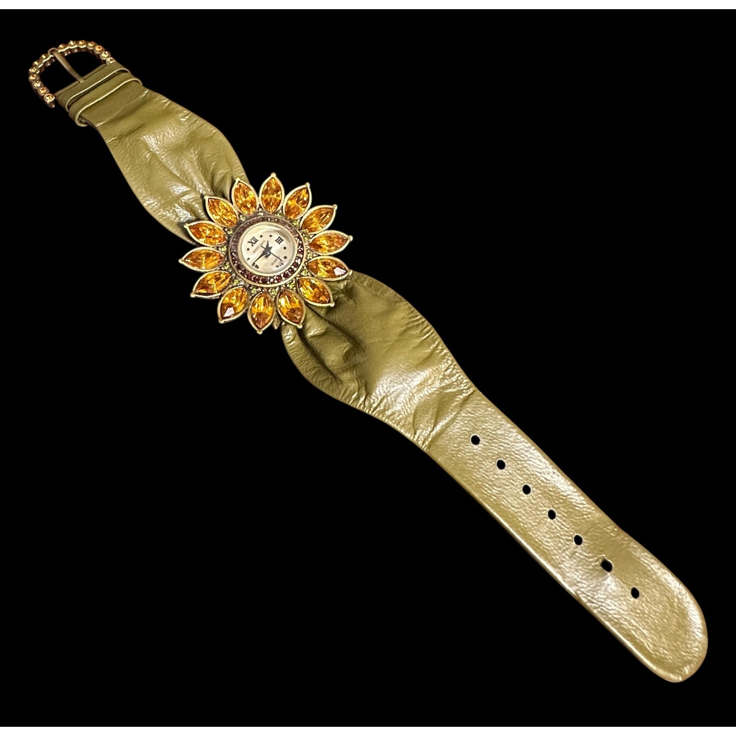 Heidi Daus Crystal Sunflower Wristwatch Green Ruched Band Working