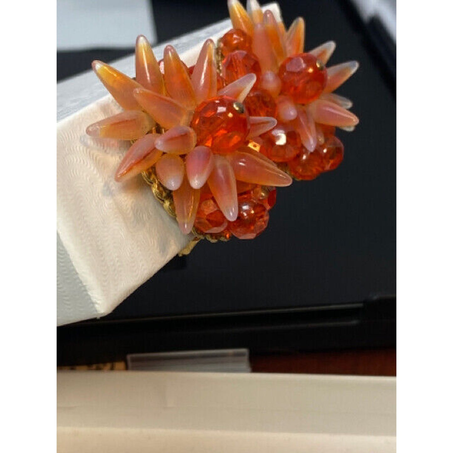 Unsigned Haskell Sunset Orange Art Glass Spikey Star Burst Clip Earrings