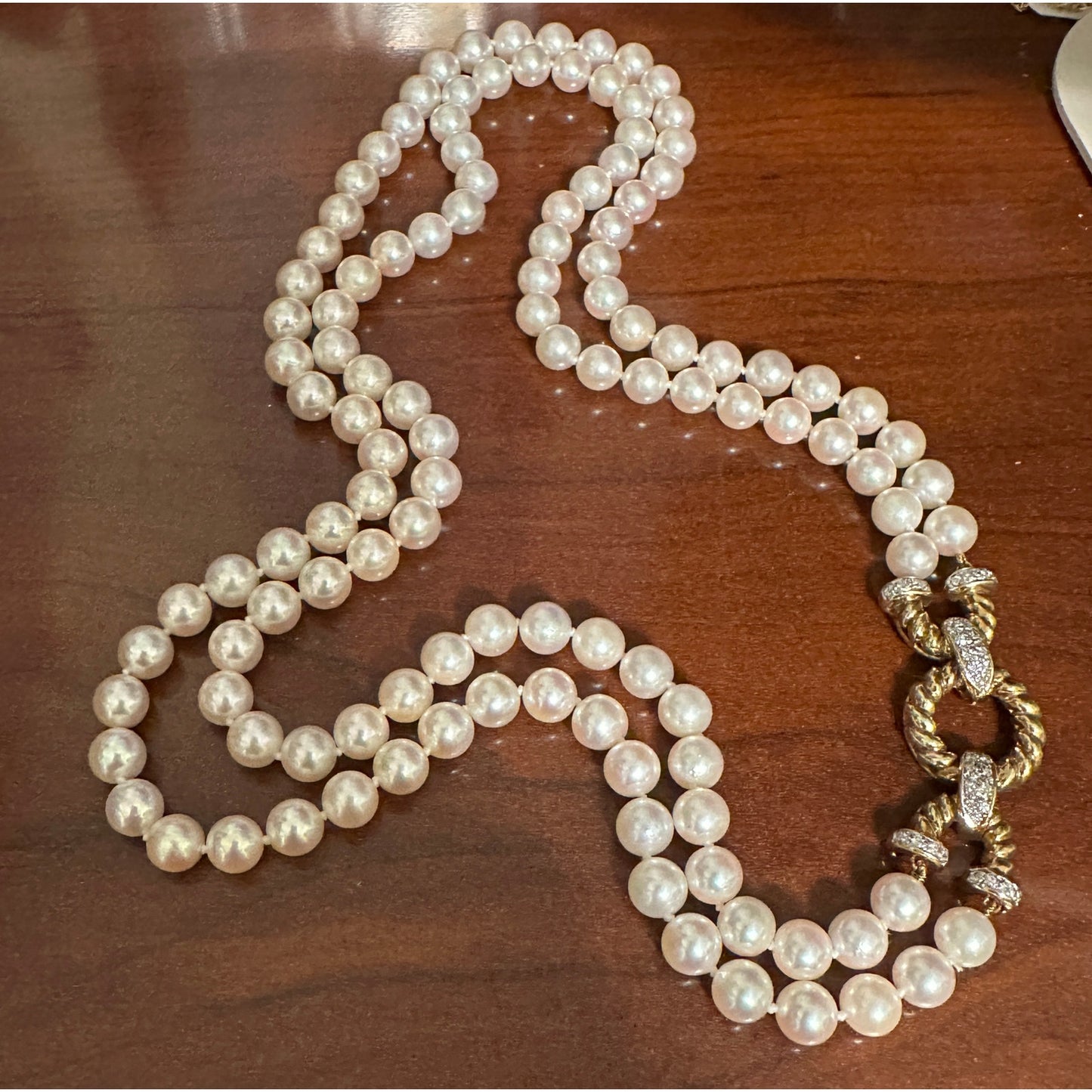 Vintage 14K 585 Gold Akoya 6mm Pearl Necklace Diamond Rope Clasp Double Strand