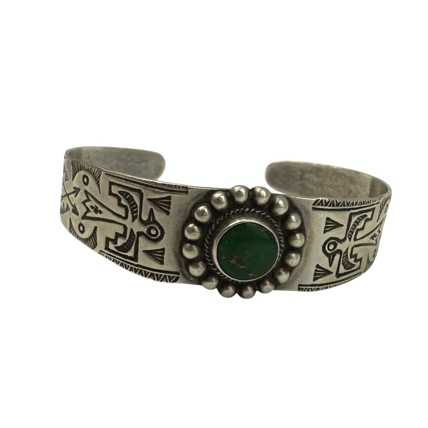 Vintage Fred Harvey Era Sterling Silver Thunderbird Green Turquoise Native Cuff Bracelet