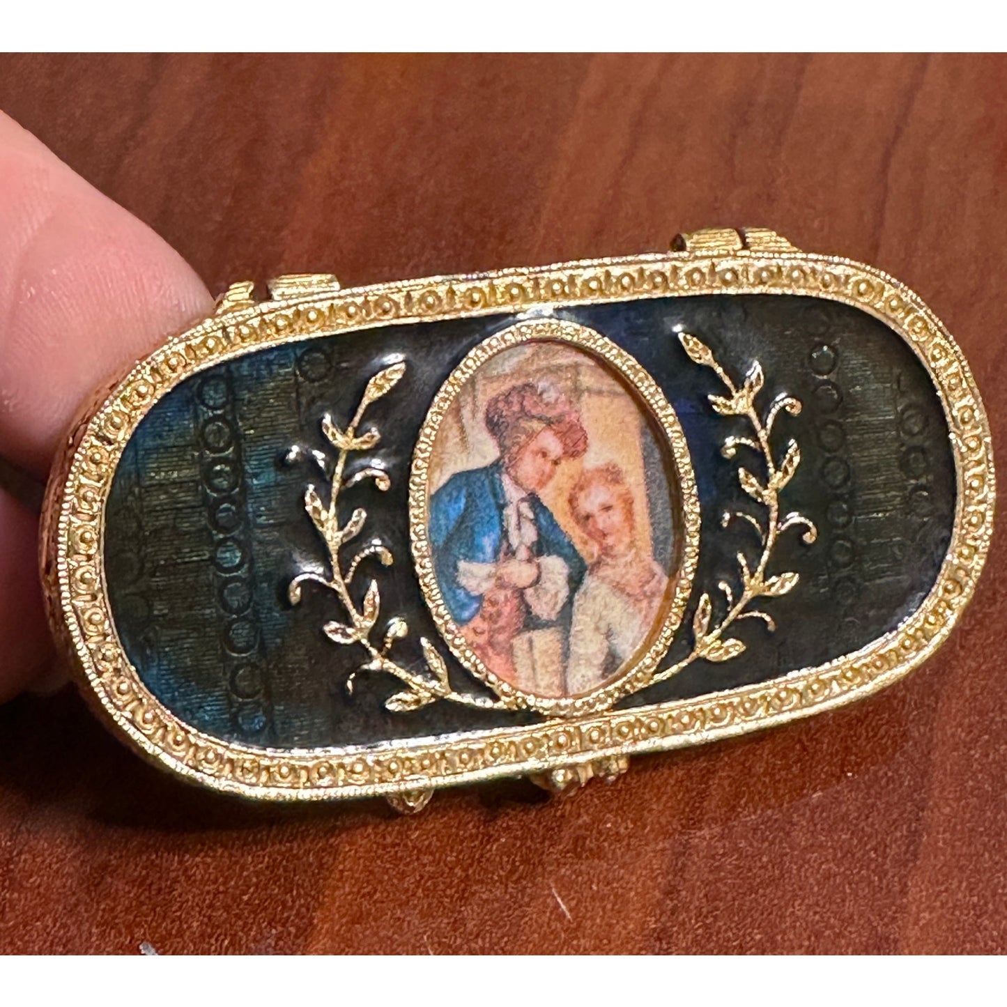 Estee Lauder Solid Perfume Holder Blue Enamel Victorian Couple Cameo