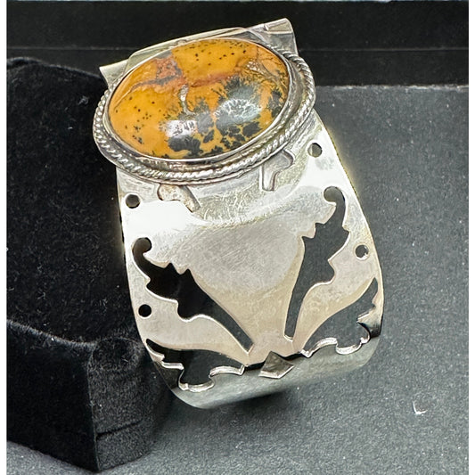 Unique Wide Silver Serving Pieces Cuff Bracelet w/ Jasper Stone - Spoon Bracelet