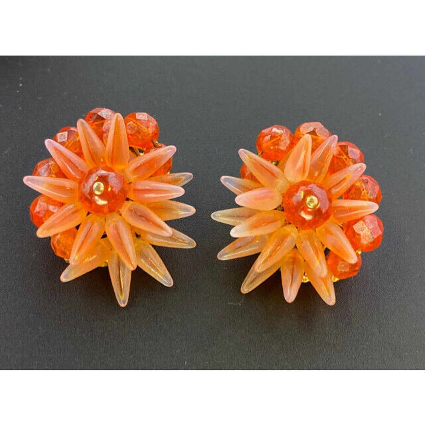 Unsigned Haskell Sunset Orange Art Glass Spikey Star Burst Clip Earrings
