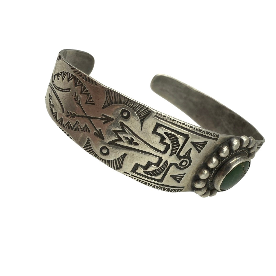 Vintage Fred Harvey Era Sterling Silver Thunderbird Green Turquoise Native Cuff Bracelet