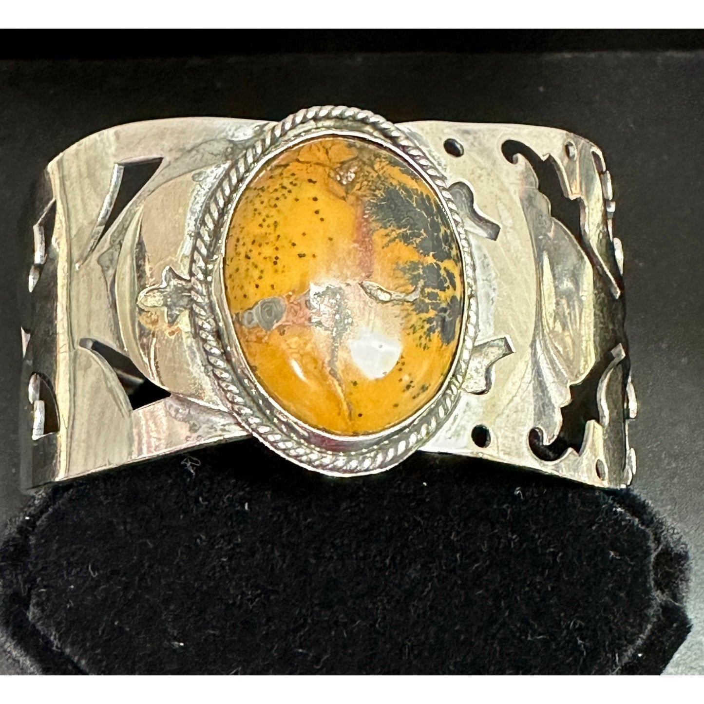 Unique Wide Silver Serving Pieces Cuff Bracelet w/ Jasper Stone - Spoon Bracelet