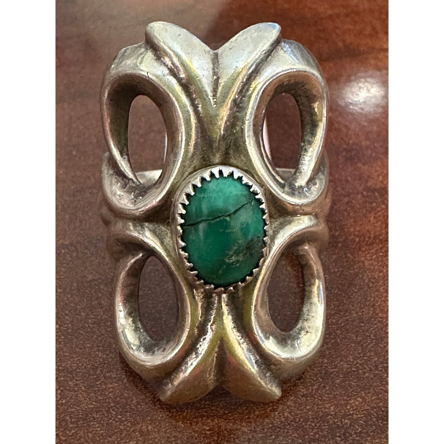 Vintage Sterling Silver Native American Sand Cast Green Turquoise Ring Size 6.25