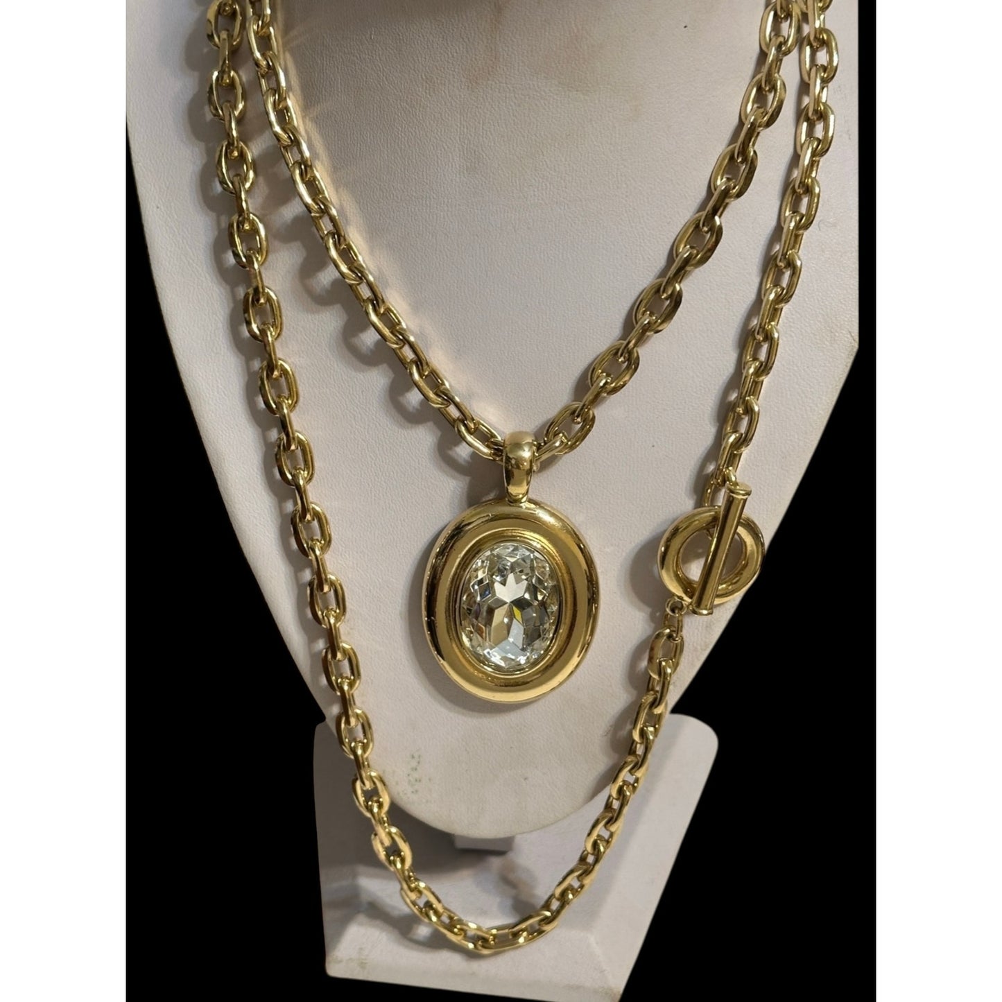Vintage Givenchy 36” Gold Tone Chain Toggle Necklace w/ Crystal Pendant Signed