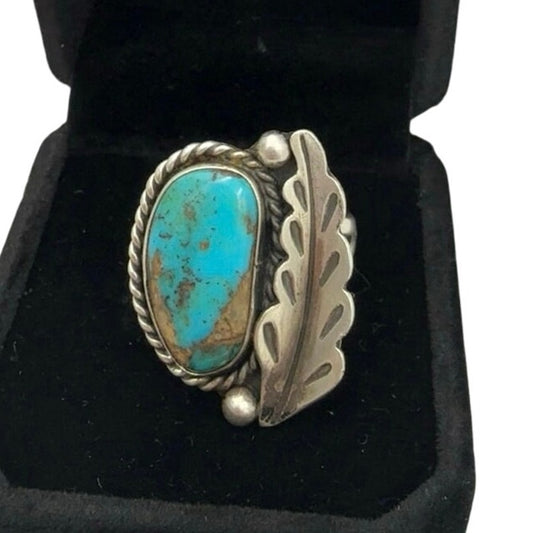 Vintage Navajo Handmade Sterling Silver and Natural Turquoise Feather Ring Size 6 3/4 - 9 grams