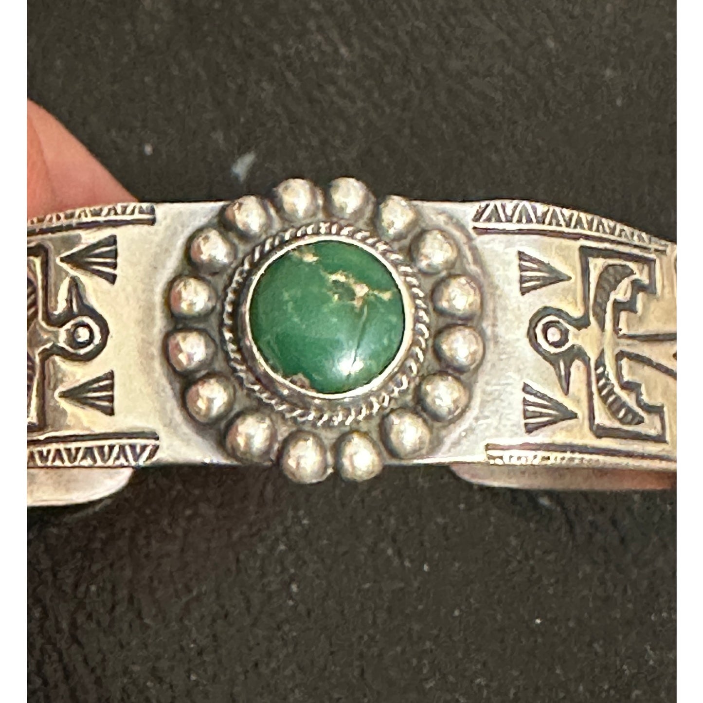 Vintage Fred Harvey Era Sterling Silver Thunderbird Green Turquoise Native Cuff Bracelet
