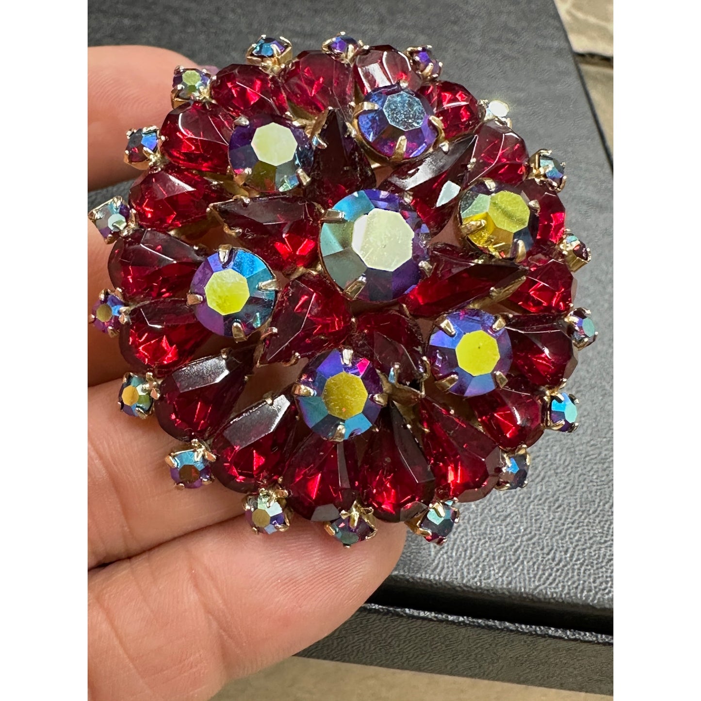 Fabulous Vintage Red Aurora Borealis Rhinestone Brooch & Clip Earrings Set