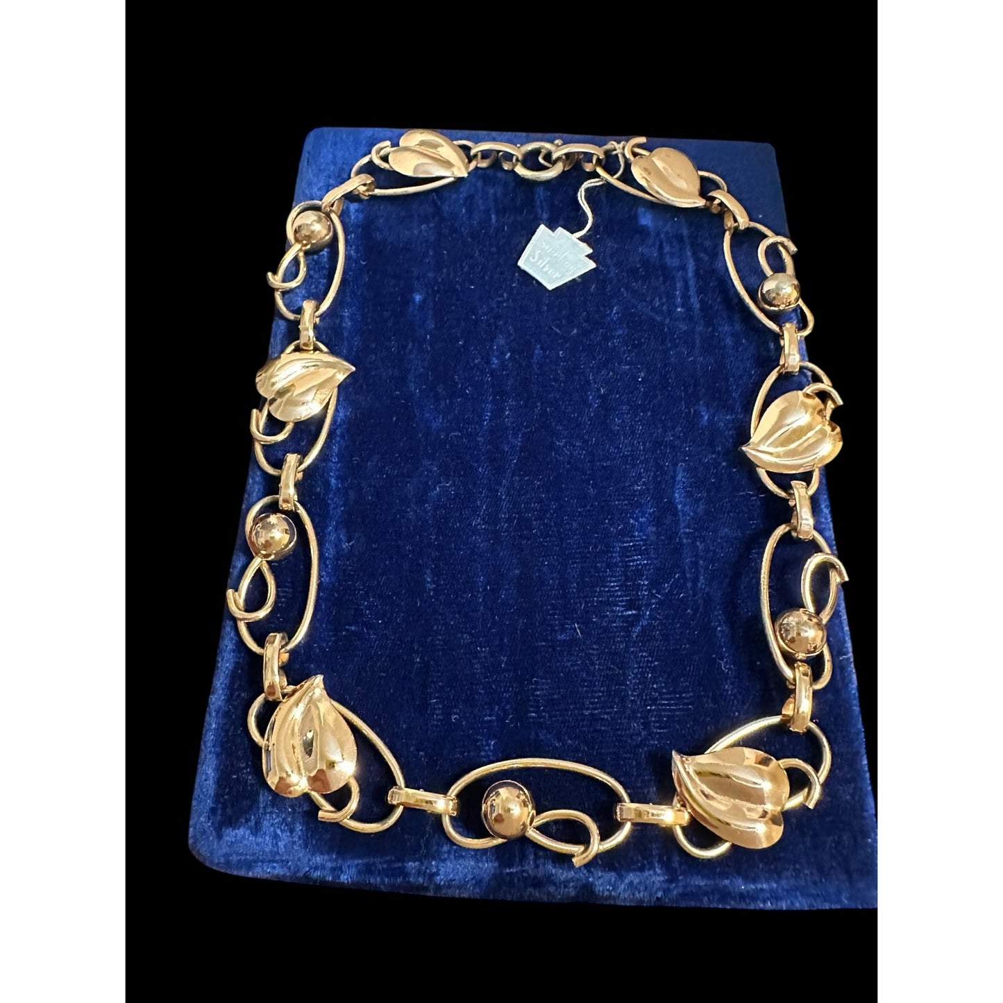 Vintage Napier Sterling Silver Gold Wash Floral Leaf Link Necklace 1940s w/ Tag