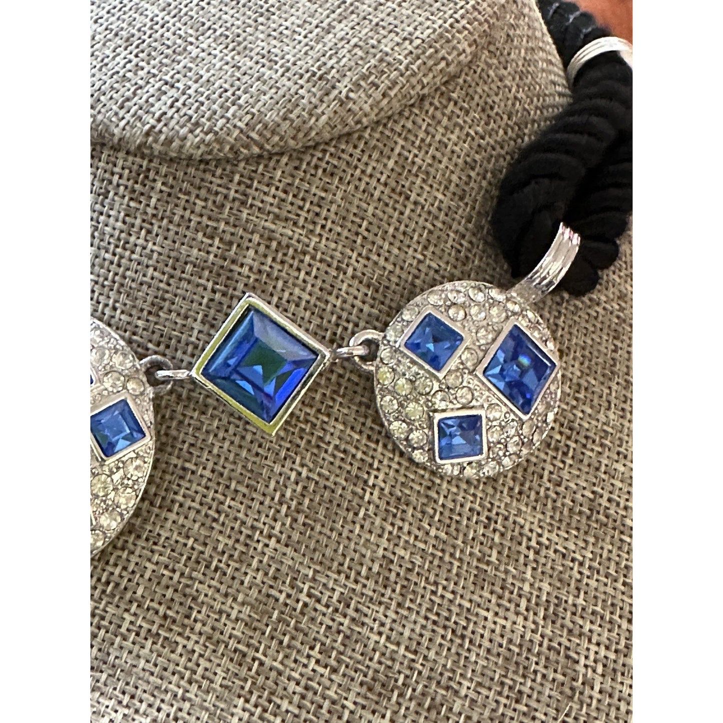 YSL Yves Saint Laurent Blue Crystal Statement Necklace Black Cord Silver Logo