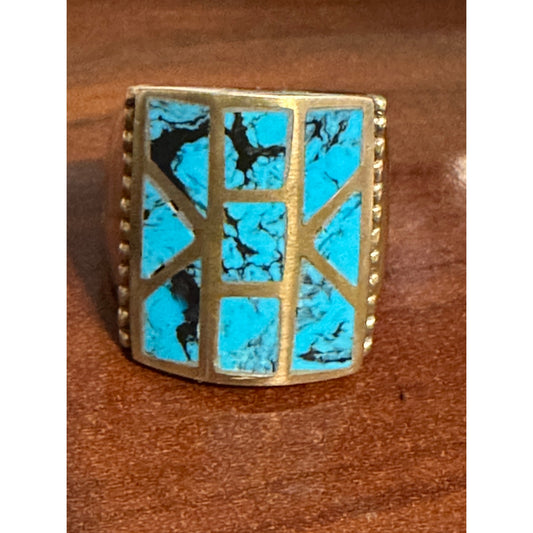 Vintage Goldtone Brass Big Bold Chunky Inlaid Turquoise Ring Size 10