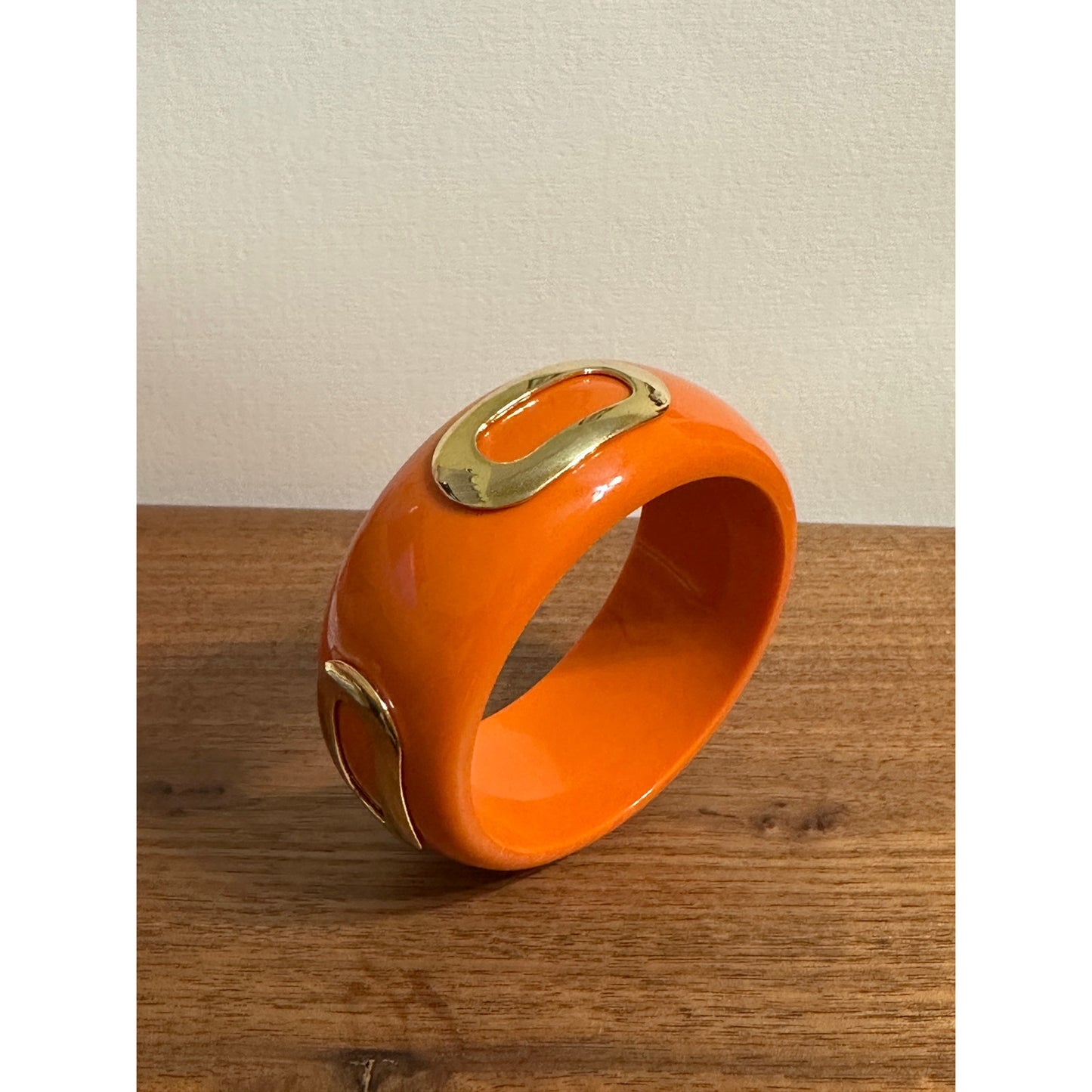 Vintage Mod Orange Resin Bangle Bracelet w/ Raised Gold Tone Overlays Chunky Bold