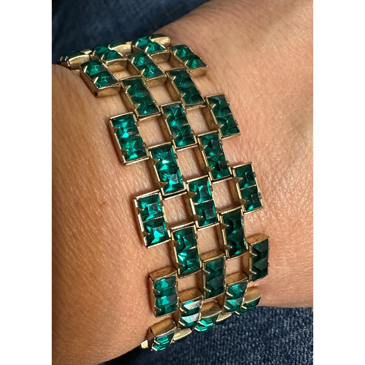 Vintage Green Square Wide Link Bracelet GoldFilled Clasp