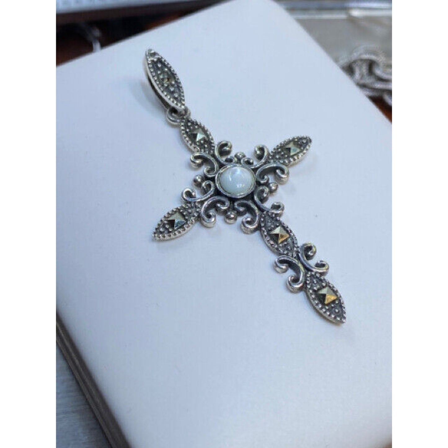 Sterling Silver Marcasite MOP Cross Pendant