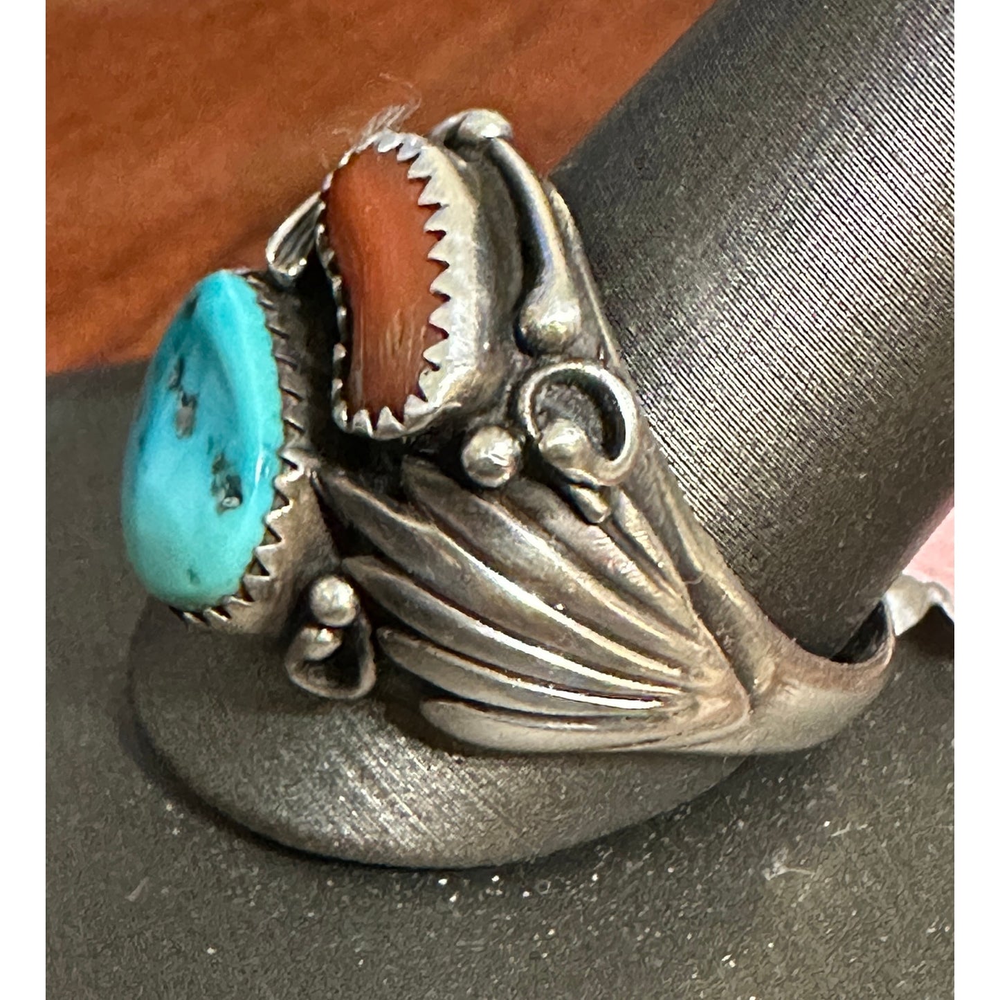 Large Chunky Turquoise Coral Native American Signed Ring Size 12 3/4