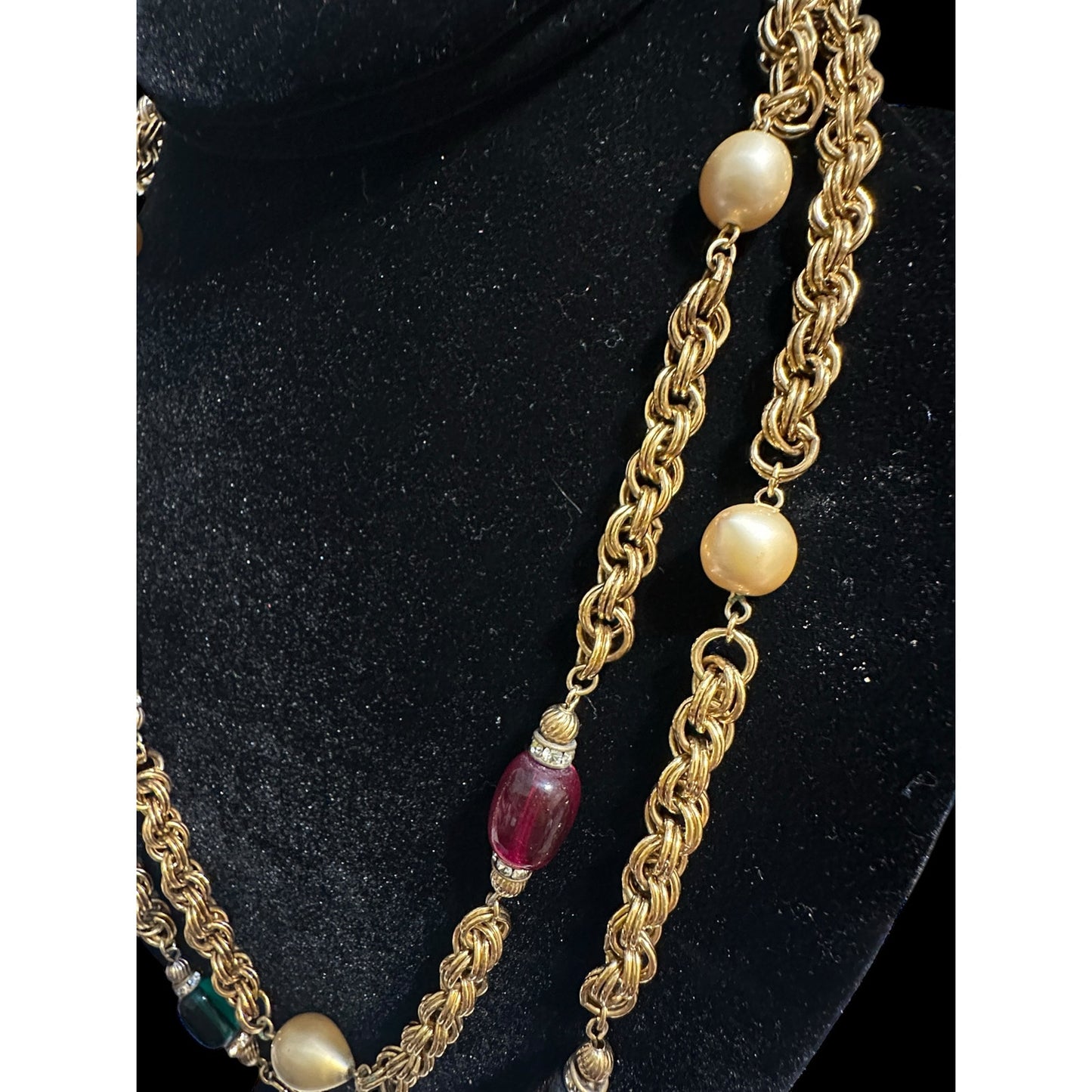 Vintage Givenchy Poured Glass Pate De Verre Gems & Pearls Sautoir Chain Necklace