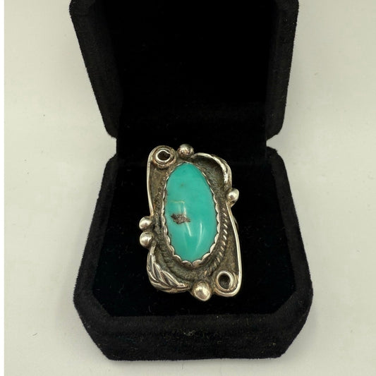 Vintage Oblong Oval Turquoise Feather Detail Sterling Silver Navajo Ring Size 9