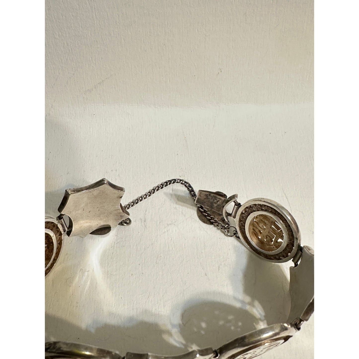 Antique Chinese Export Silver Repousse Four Seasons Panel Bracelet 6 7/8”