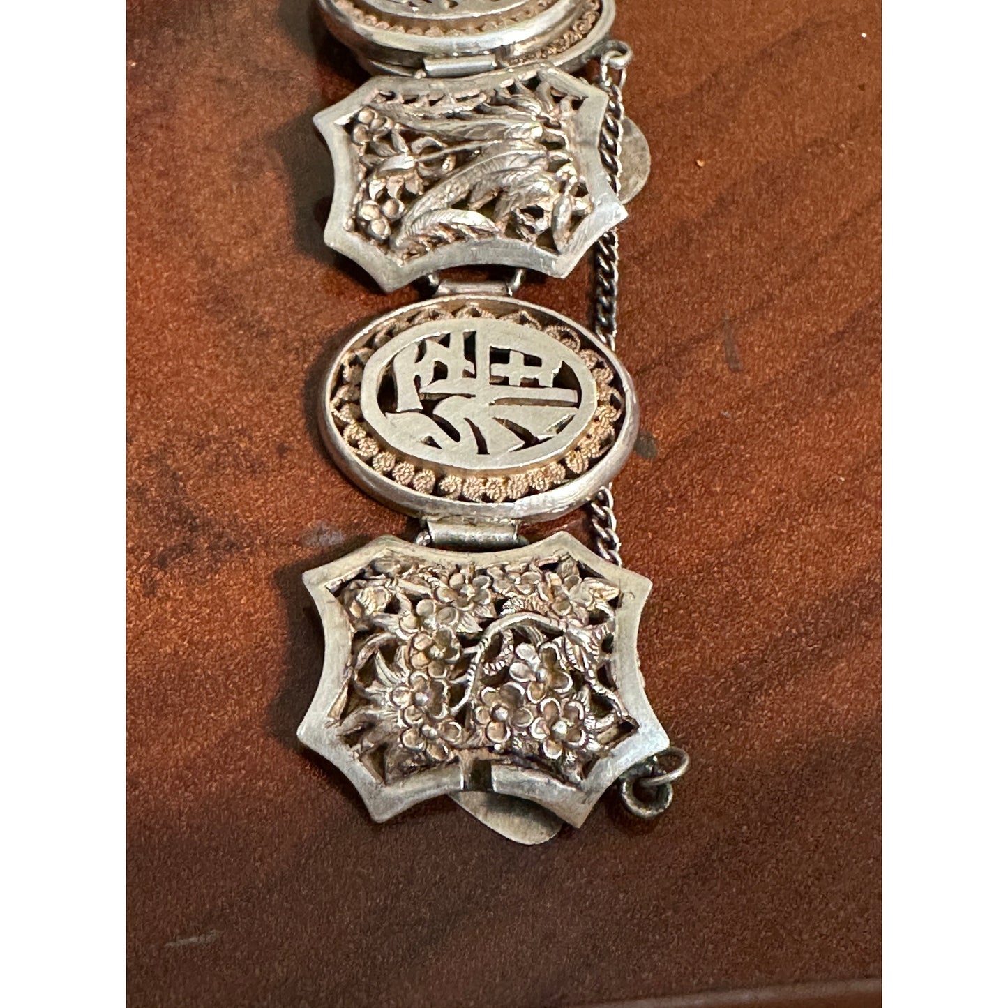 Antique Chinese Export Silver Repousse Four Seasons Panel Bracelet 6 7/8”