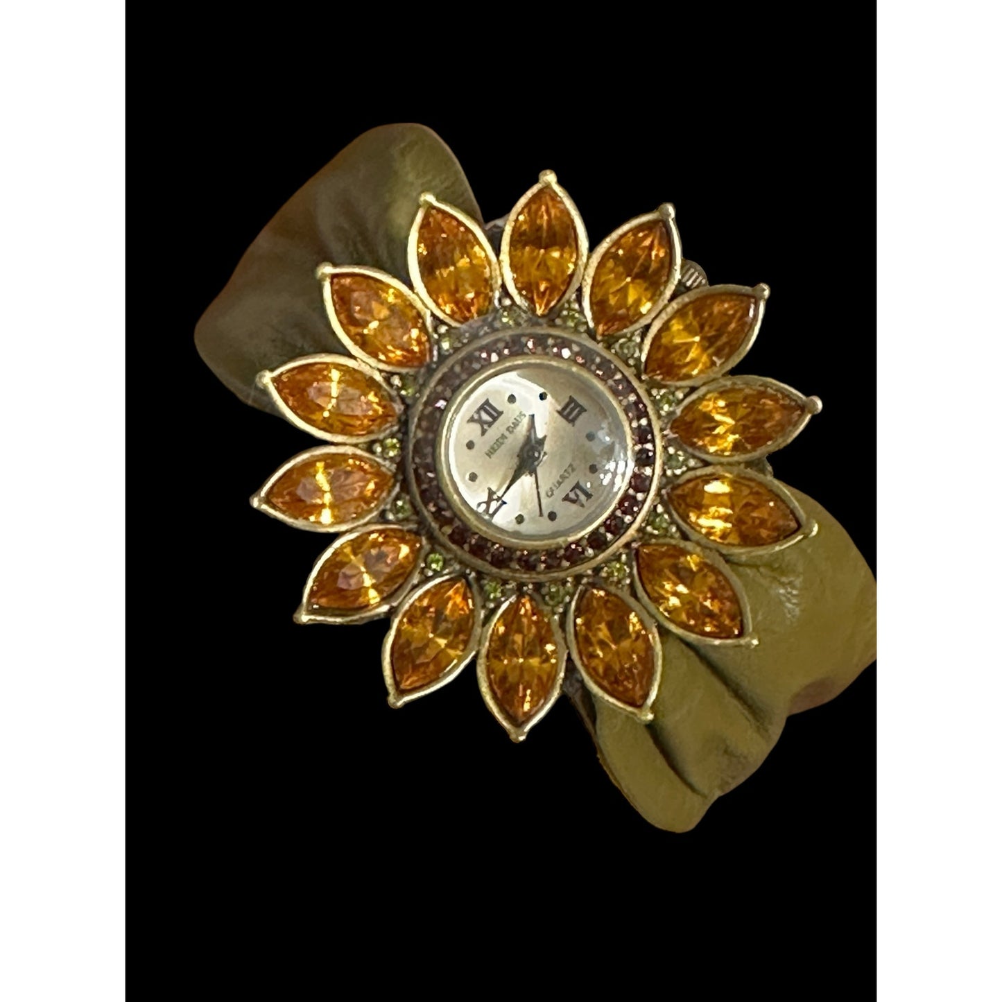 Heidi Daus Crystal Sunflower Wristwatch Green Ruched Band Working