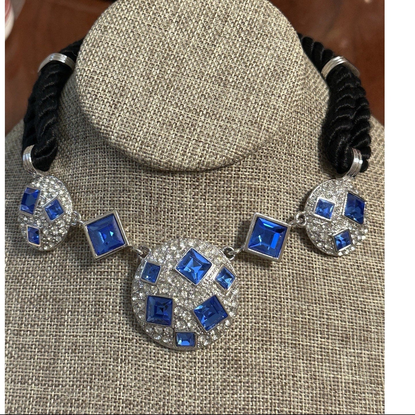 YSL Yves Saint Laurent Blue Crystal Statement Necklace Black Cord Silver Logo
