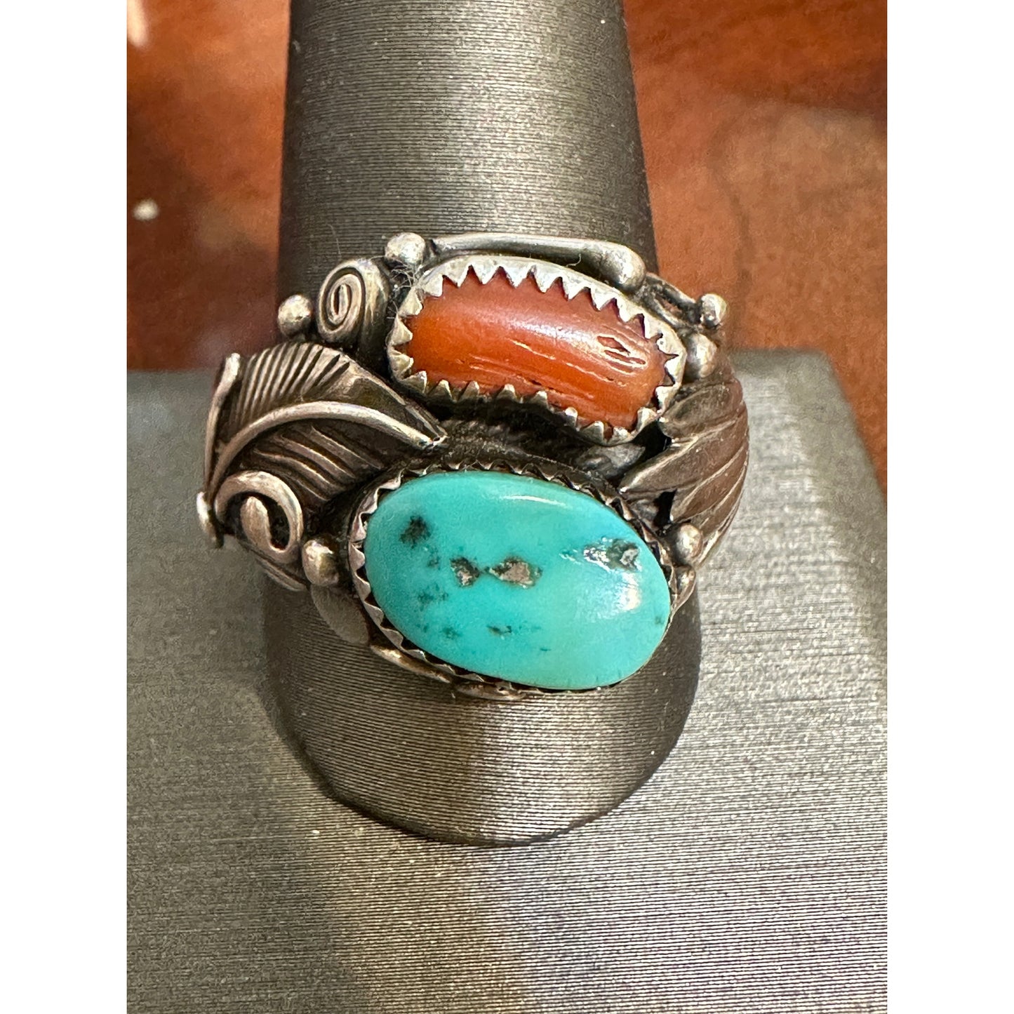 Large Chunky Turquoise Coral Native American Signed Ring Size 12 3/4