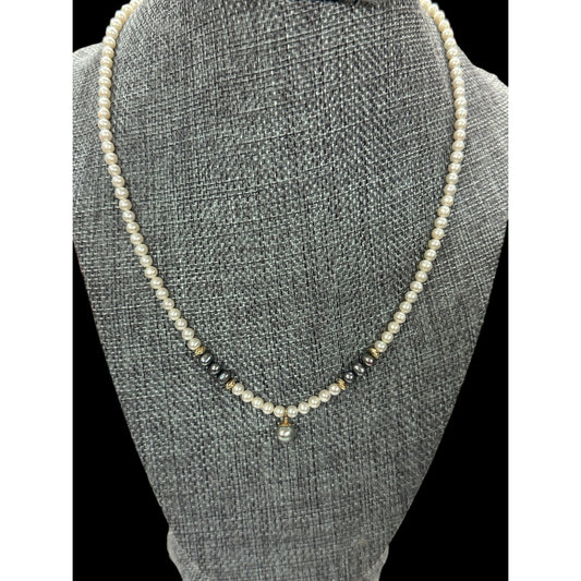 14k YG ~ White & Gray Beaded Pearl Necklace with Pearl Drop Pendant